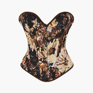 Vintage Floral Pattern Grommet Boned Overbust Corset